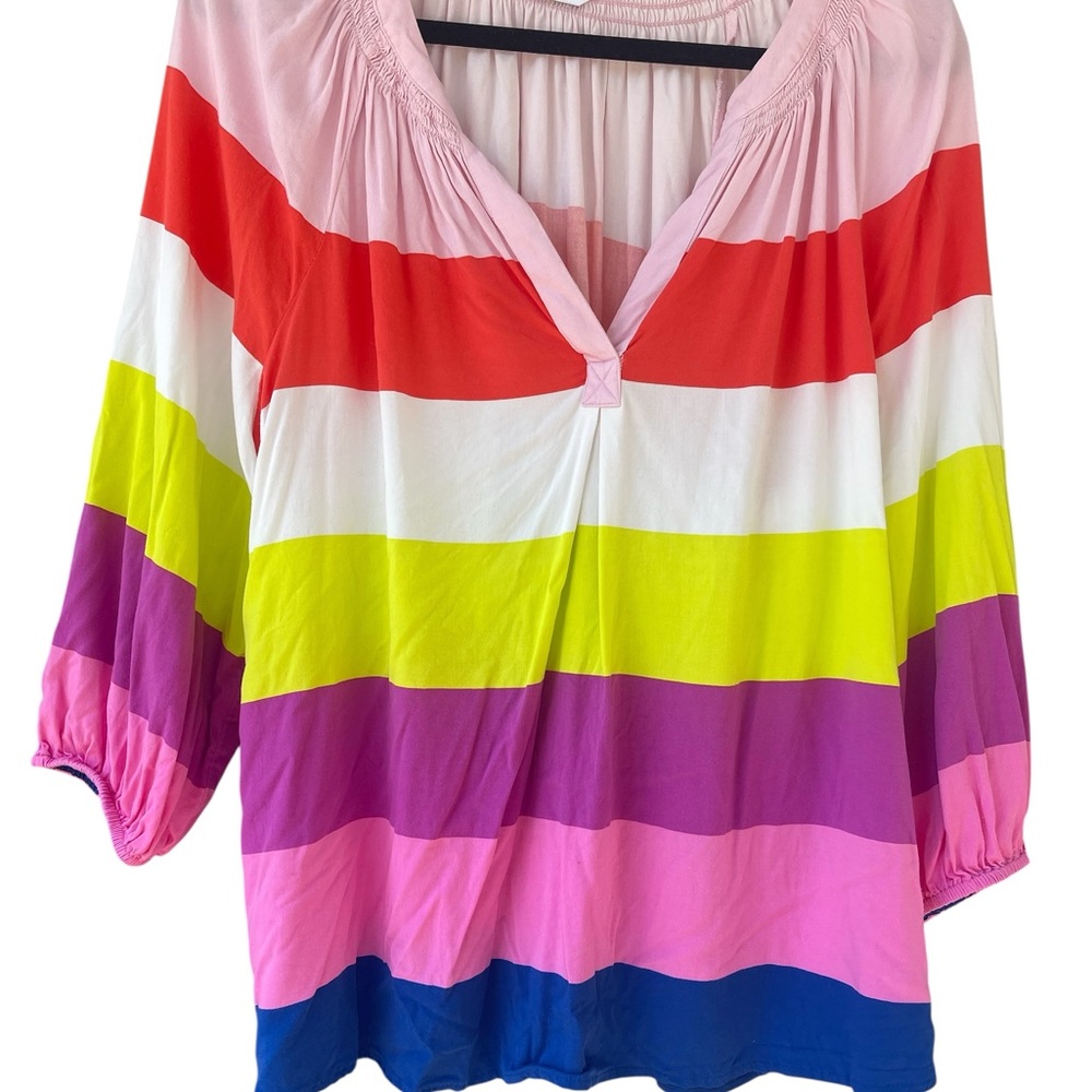 Crown & Ivy size 1X Plus Colorful Striped Blouse balloon sleeve v-neck women’s